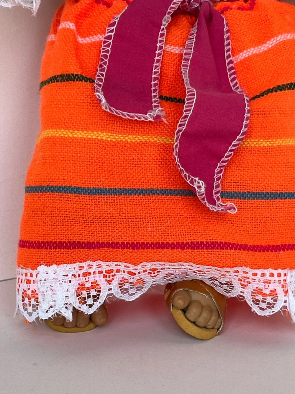 Colorful Peruvian Folk Girls Doll Orange-Striped Outfit with Straw Hat